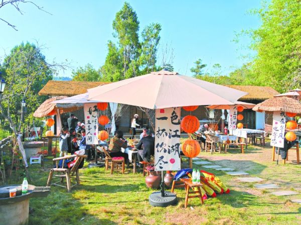 新复乡民宿内，游客围炉煮茶，享受春光。